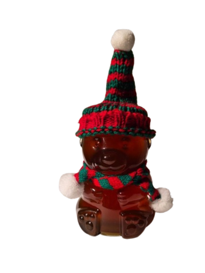 Special holiday honey bear jar dressed in a festive knit hat and scarf